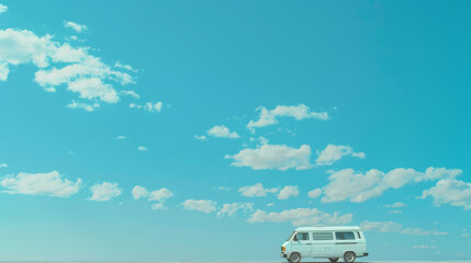 Fototapeta premium A solitary white van travels across a vast, barren landscape under a clear blue sky punctuated with fluffy clouds.