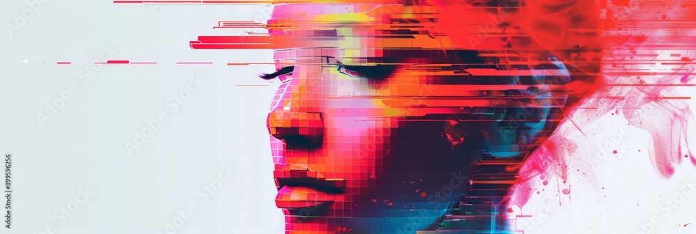 Poster Abstract representation of a robotic face with pixelated and glitch effects in vibrant red hues. Futuristic AI and technology theme.