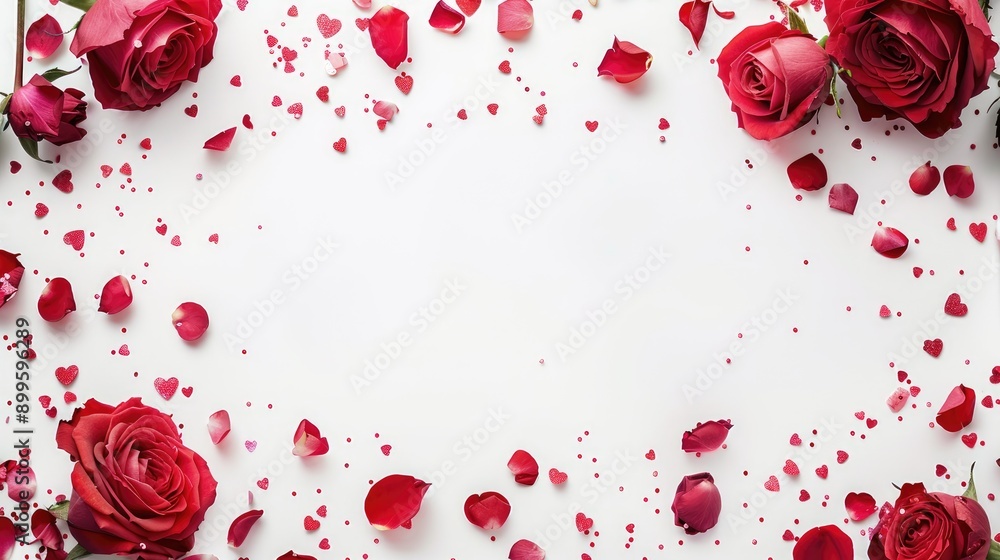 Poster rose flower frame with confetti on white background for valentine s day flat lay view with space for