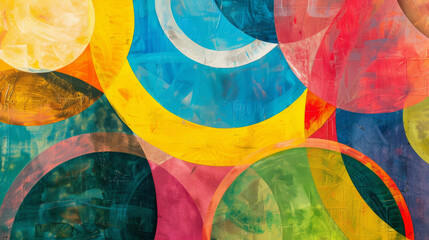Fototapeta premium A vivid abstract painting filled with overlapping circles and a spectrum of colors, creating a dynamic and lively composition.