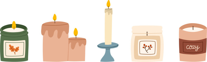 Various scented candles set. Collection of cozy aromatic candles. Aromatherapy and relaxation. Hand drawn flat vector illustration.