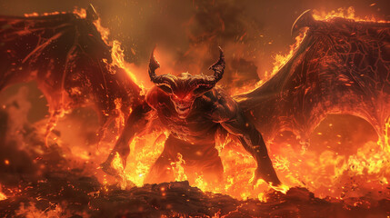 Demon Lord Emerging from Molten Lava with Glowing Red Eyes and Massive Wings