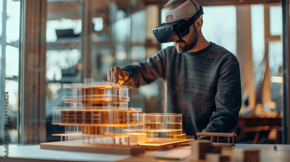 Poster Engineer using VR headset to interact with 3D architectural model in modern office. Virtual reality and advanced technology in engineering design.