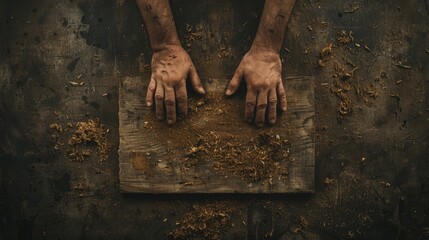 A craftsman's hands resting on a wooden surface, showcasing creativity and dedication to woodworking and craftsmanship.
