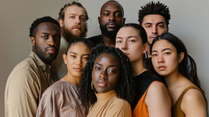 Fototapeta premium A diverse group poses for a serious portrait against a neutral background, exuding strength and unity.