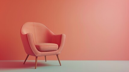 Obraz premium A single pink armchair sits in a room with pink walls. The chair has a curved back and a soft, inviting appearance.