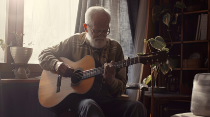 Obraz premium An elderly man, deep in thought, strums an acoustic guitar in a warmly-lit room, surrounded by books and plants, evoking a sense of nostalgia and tranquility.