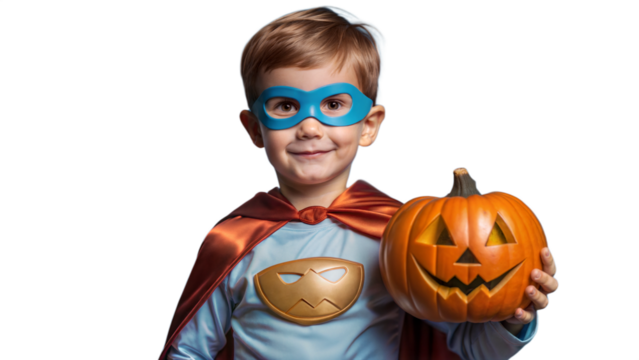A young boy in a superhero costume holding a pumpkin.