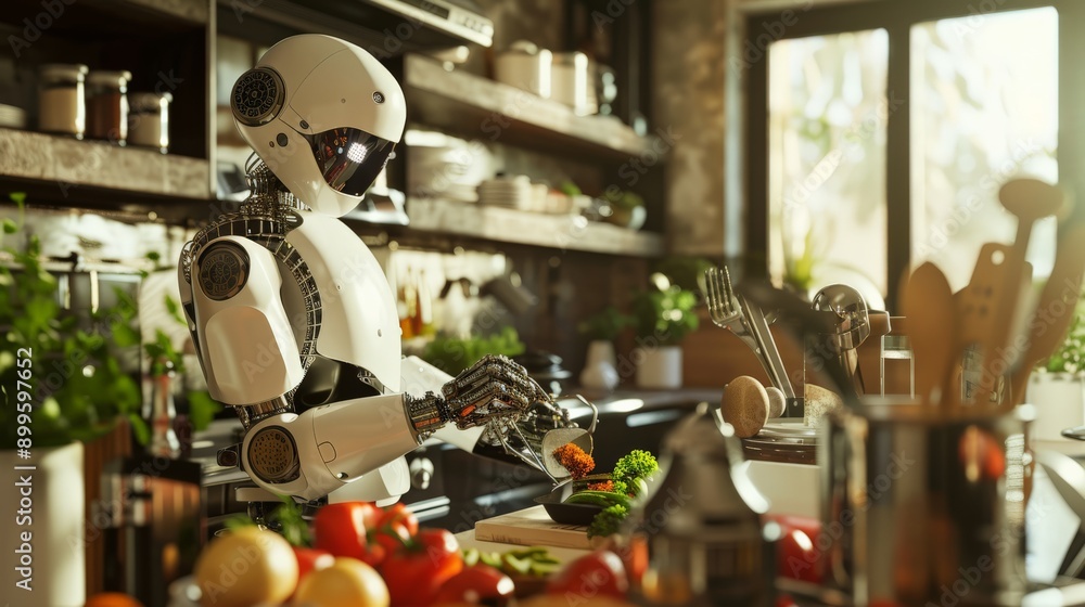 Poster humanoid robot cooking in a modern kitchen. advanced culinary technology and ai.