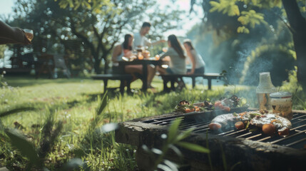 A backyard barbecue scene with grilled food in the foreground, while family and friends enjoy a meal together in the dappled sunlight.
