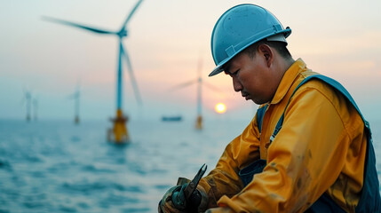 Offshore Wind Energy Engineer Dedicated professional wearing protective gear and helmet  standing amidst large wind turbines over the ocean symbolizing renewable energy and sustainable technology
