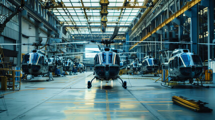 A line-up of helicopters inside a spacious, well-lit hangar, showcasing precision and readiness for operations.