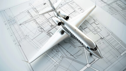 A model aircraft on a blueprint, showcasing a detailed design and engineering concept with a focus on precision and creativity.