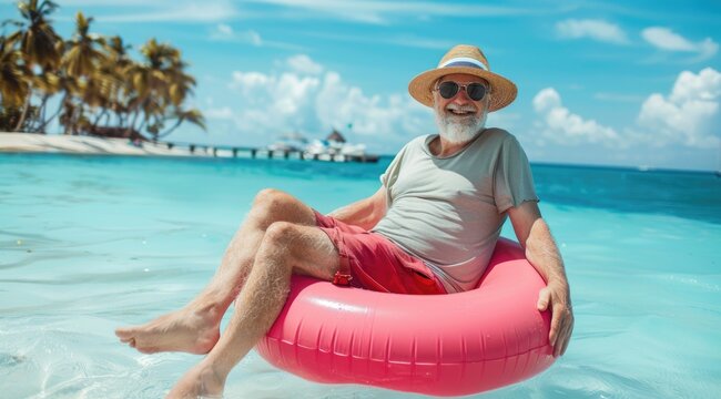 Happy old man in summer and hat with sunglasses is sitting on an inflatable pink ring