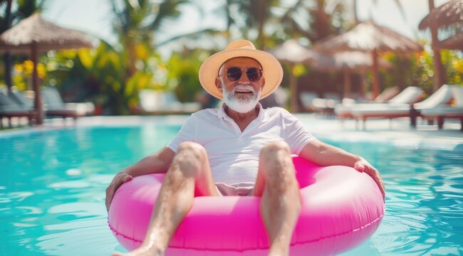 happy old man in summer and hat with sunglasses is sitting on an inflatable pink ring