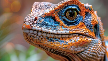 Obraz premium Close-up of a lizard's face against a green backdrop.