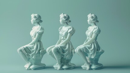 Three identical white statues of women in dresses, sitting side-by-side against a blue background.