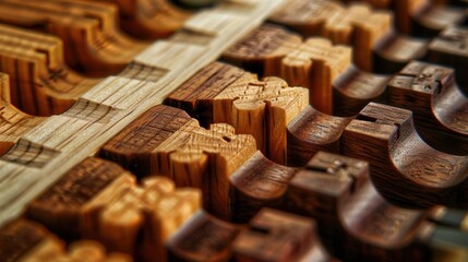 Close-up of detailed wooden carvings showcasing intricate craftsmanship, texture, and artistic woodwork design. Ideal for decoration and woodworking themes.