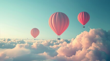 Naklejka premium Three red hot air balloons float above fluffy clouds in a serene blue sky.