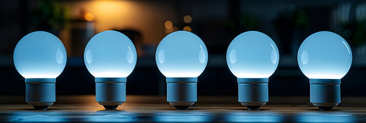 Eco led light bulbs lined up in row and glow cool blue light. Five led light bulbs in interior. Background for banner. Concept of eco friendly lighting and energy conservation