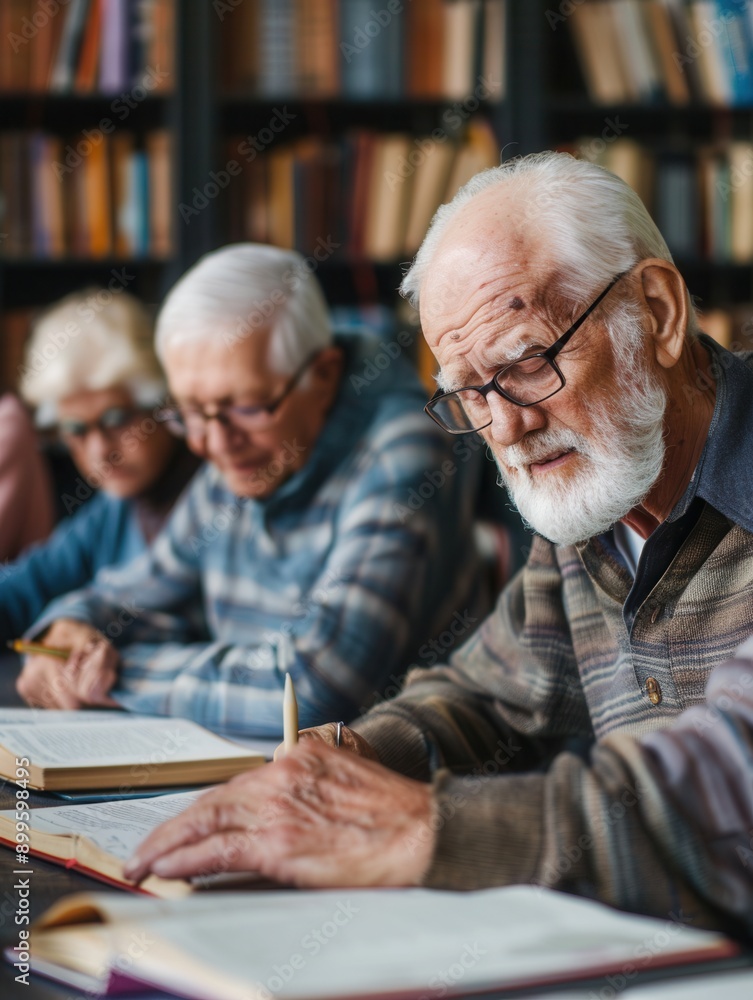 Poster elderly individuals diligently study foreign languages using textbooks and dictionaries in a warm li