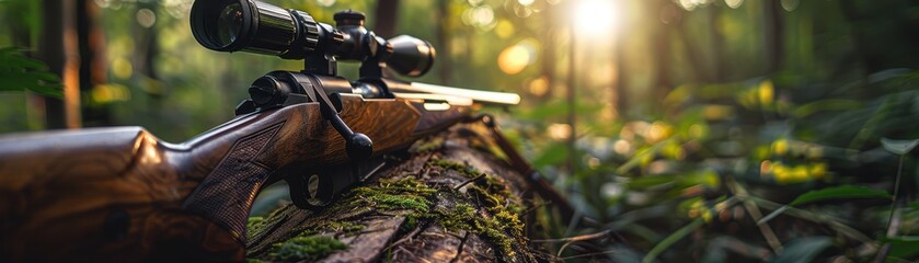 Detailed view of a hunting rifle with a scope resting on a log in a lush forest, illuminated by the soft glow of sunlight filtering through the trees.