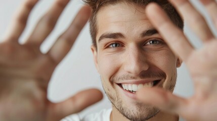 Obraz premium Smiling man putting hands in front of the camera
