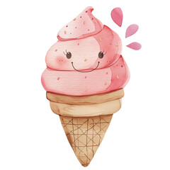 Pink Cartoon-Style Ice Cream Watercolor Illustration