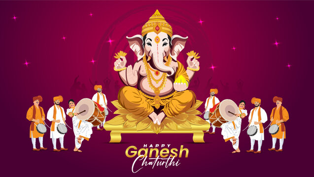 Indian Religious Festival Ganesh Chaturthi Template Design of Lord Ganpati background with marron colour with pink star  Dancing ladies marathi dance  musical instrument like dhol tasha