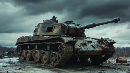 Rustic old battle tank in a desolate landscape under dark, ominous skies, symbolizing past war and conflict in a military scene.