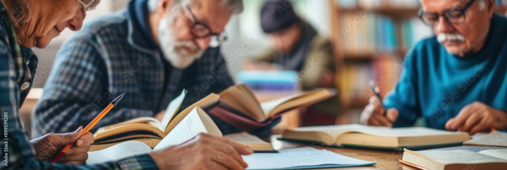 Poster a group of elderly people focuses on studying foreign languages using textbooks and dictionaries in 