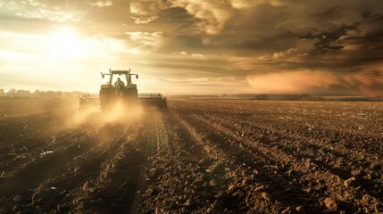 Fototapeta premium tractor plowing field during harvest outdoors, industrial mood