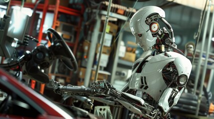 Fototapeta premium Detailed humanoid robot working on car parts in a futuristic workshop. Future of automotive repair and robotics integration concept.