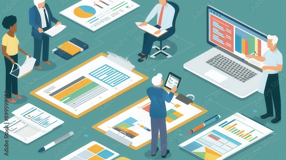 Poster a group of elderly individuals gathers to discuss business reports while utilizing digital tools and
