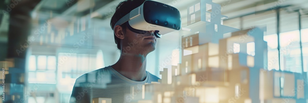 Poster Architect using virtual reality headset to view architectural models in a modern office. Ideal for virtual reality in architecture and design.