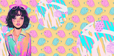 Fashion illustration glamor summer girl on abstract creative background.