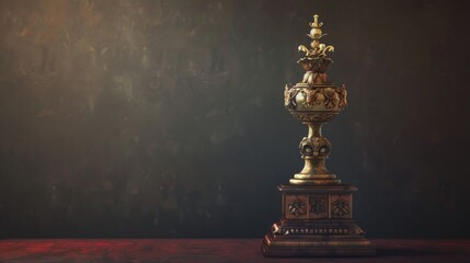 A golden trophy with intricate details stands on a wooden table against a dark, textured background. The trophy symbolizes achievement and success.