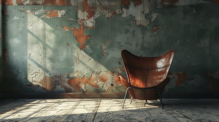 A leather armchair sits in a room with peeling paint and sunlight streaming through a window.