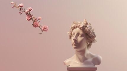 A marble bust of a classical statue with a sprig of delicate pink blossoms against a soft pink backdrop.