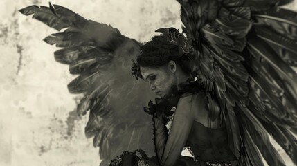 Fototapeta premium A shadowy figure with large wings, shrouded in darkness and mystery. The image evokes a sense of sorrow and introspection.