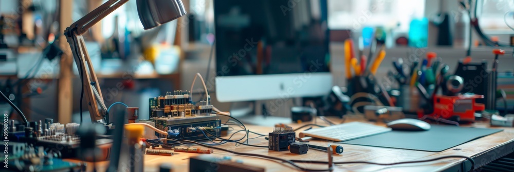 Aufkleber modern engineering lab with electronic components and tools organized on a workbench. creative and t
