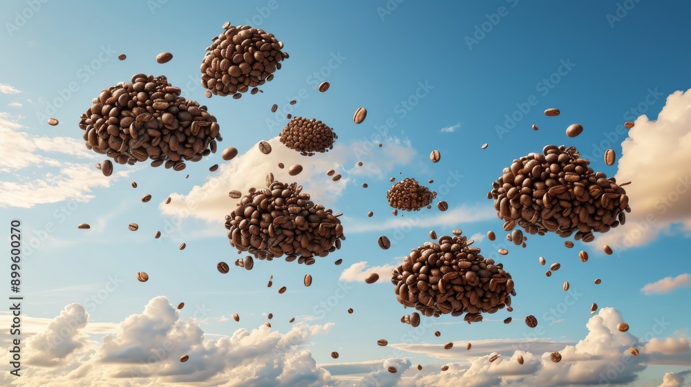 Aufkleber surreal image of clusters of coffee beans forming cloud-like shapes floating in a bright blue sky. t