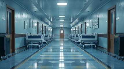 Fototapeta premium Empty hospital corridor with beds. 3d rendering. Blurred background.