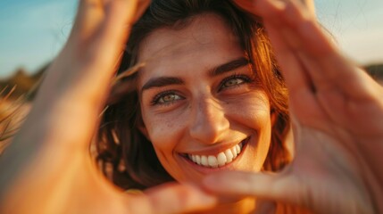 Fototapeta premium Portrait of cheerful smiling young woman raising her hand and putting it in front of her face.