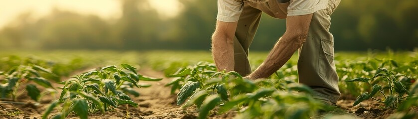 A farmer tending to crops in a green field during sunset, showcasing dedication and the beauty of agriculture.