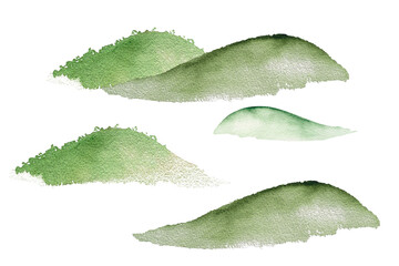 Collection of watercolor green mountains and hills, landscape constructor for landscape design. Watercolor illustration hand drawn