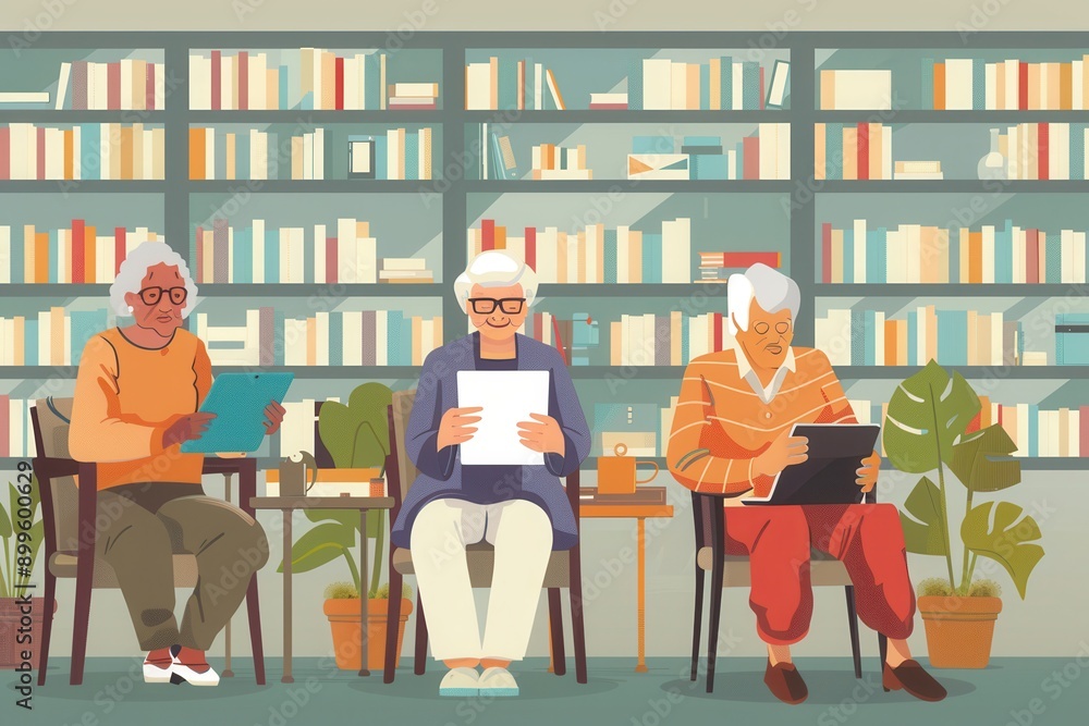 Leinwandbilder Three elderly people are focused on reading books and using digital devices in a warm, inviting library filled with plants and shelves of books. Generative AI