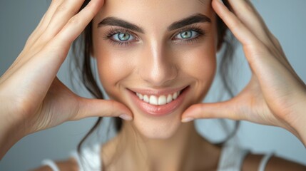Naklejka premium Portrait of cheerful smiling young woman raising her hand and putting it in front of her face.