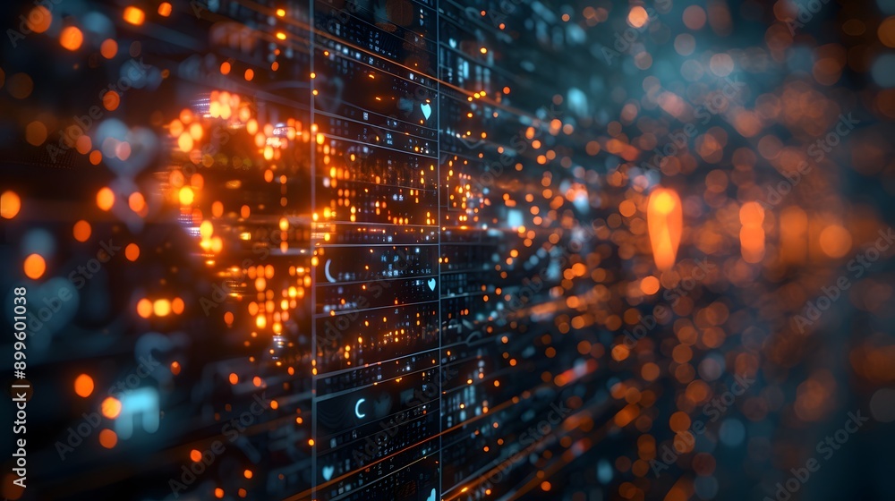 Poster abstract server room with bokeh lights.