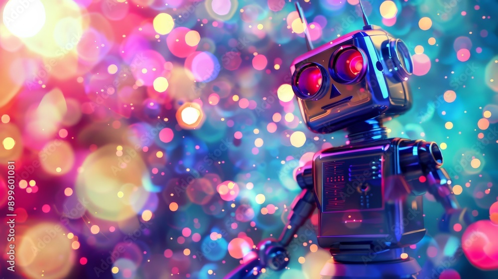 Poster Retro-inspired robot with colorful lights in a vibrant, bokeh-filled background. Blend of nostalgia and modern AI technology.